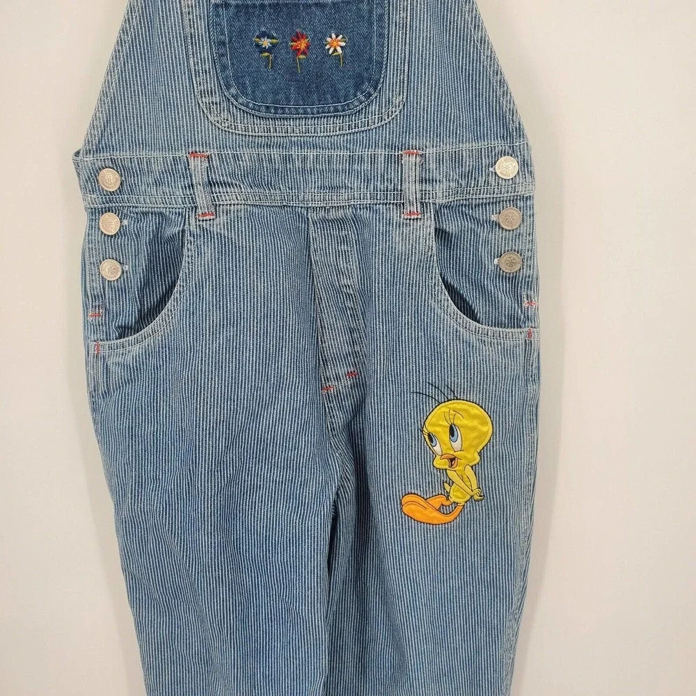 Vintage 1998 Looney Tunes Tweety Bird Denim Overalls Girls Size 10 Bibs‎ (30X21)